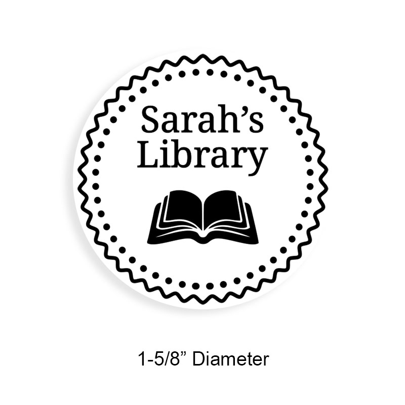 Customizable 1-5/8" round book stamp. Sawtooth border w/ book design. 6 mount options available. Wood, self-inking and pre-inking. Fast shipping.