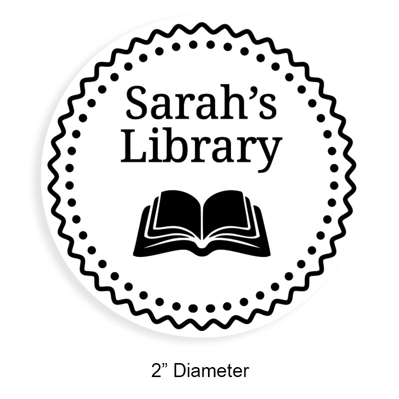 Customize this 2" round book stamp. Sawtooth border w/ book design. 6 mount options available. Wood, self-inking and pre-inking. Fast shipping.