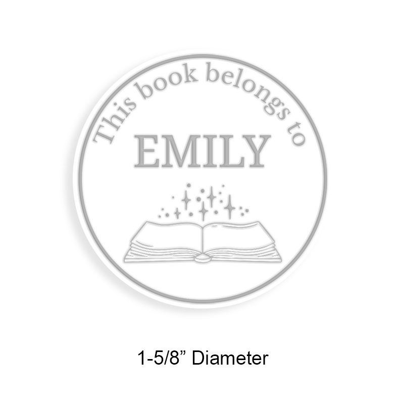Personalize this 1-5/8" round book embosser. Sparkle open book design. 3 mount options available. Desk, gift and pocket. Fast shipping.