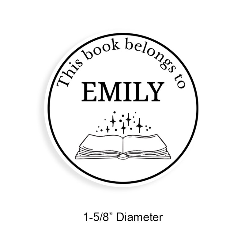 Personalize this 1-5/8" round book stamp. Sparkle open book design. 6 mount options available. Wood, self-inking and pre-inking. Fast shipping.