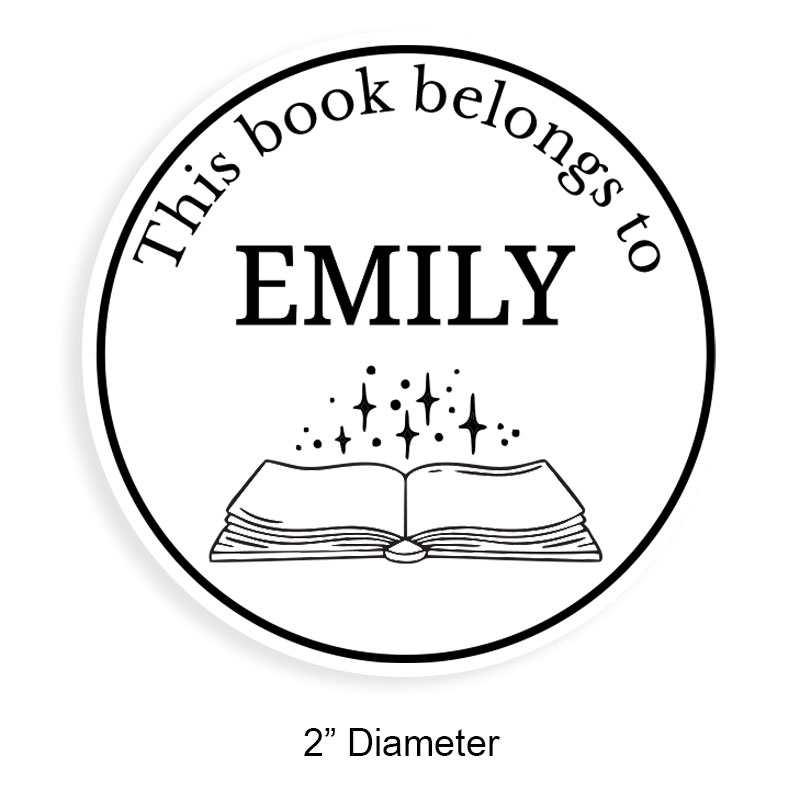 Tailor-made 2" round book stamp. Sparkle open book design. 6 mount options available. Wood, self-inking and pre-inking. Fast shipping.