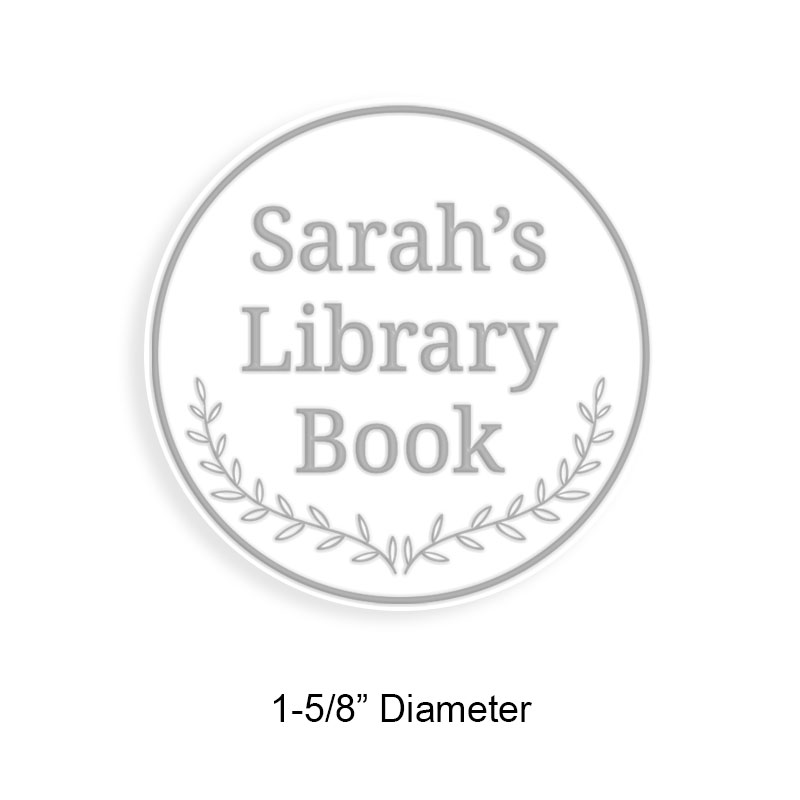 Personalized 1-5/8" round book embosser. Thick line border w/ leaves design. 3 mount options available. Desk, gift and pocket. Fast shipping.