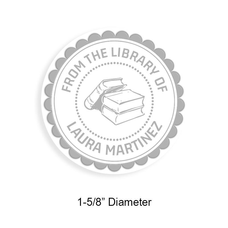 Made-to-order 1-5/8" round book embosser. Scallop border w/ books design. 3 mount options available. Desk, gift and pocket. Fast shipping.