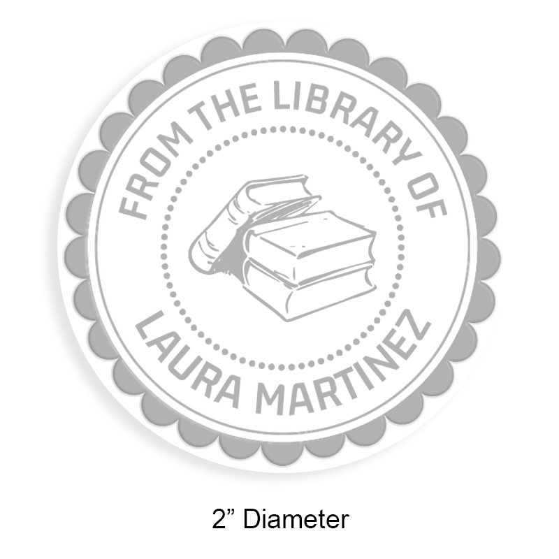 Customize this 2" round book embosser. Scallop border w/ books design. 4 mount options available. Desk, gift, pocket and EX long reach. Fast shipping.