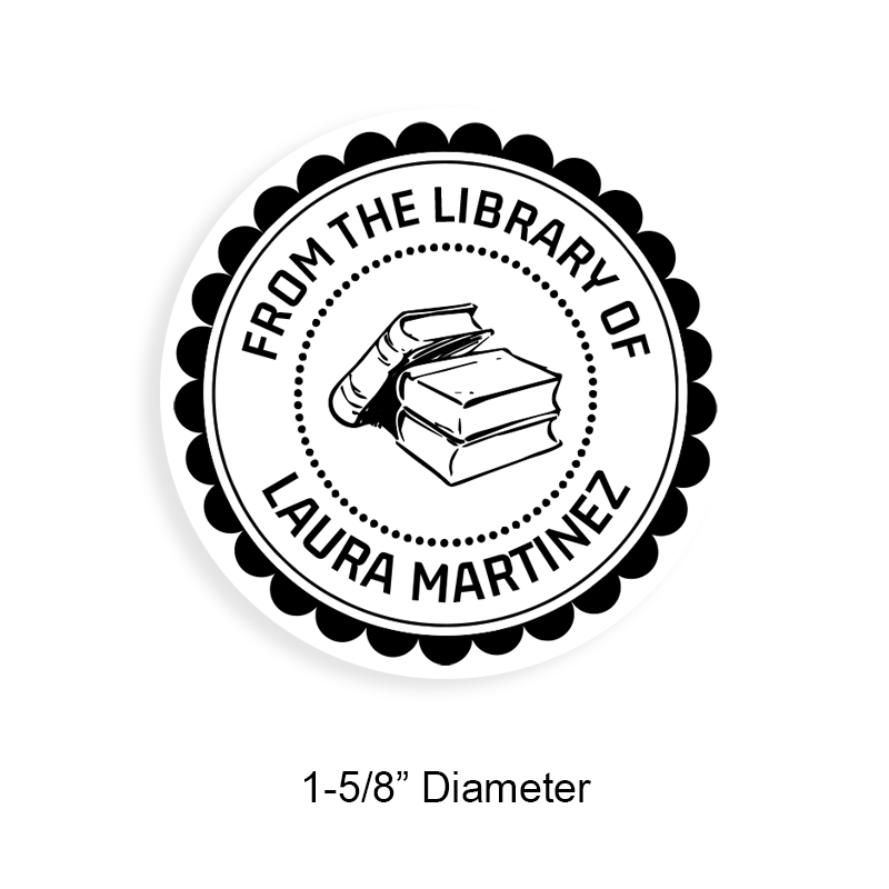 Made-to-order 1-5/8" round book stamp. Scallop border w/ books design. 6 mount options available. Wood, self-inking and pre-inking. Fast shipping.