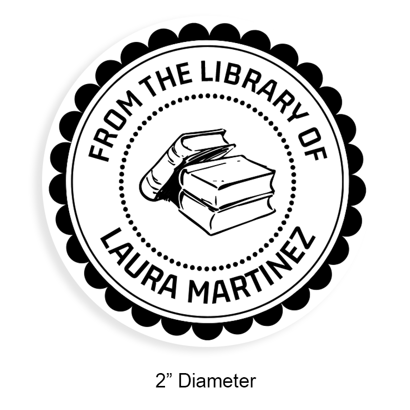 Customize this 2" round book stamp. Scallop border w/ books design. 6 mount options available. Wood, self-inking and pre-inking. Fast shipping.