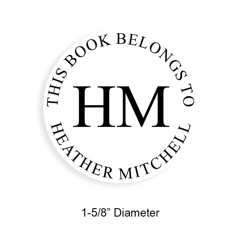 Customizable 1-5/8" round book stamp. Initials no border design. 6 mount options available. Wood, self-inking and pre-inking. Fast shipping.