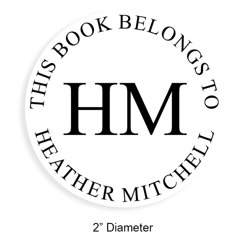 Tailor-made 2" round book stamp. Initials no border design. 6 mount options available. Wood, self-inking and pre-inking. Fast shipping.