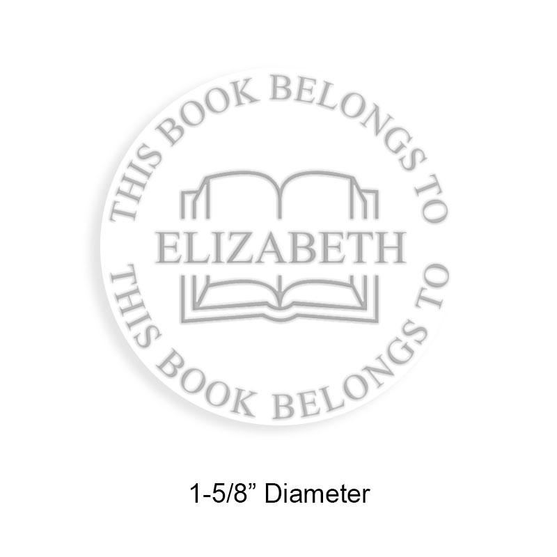 Custom-made 1-5/8" round book embosser. Name through open book design. 3 mount options available. Desk, gift and pocket. Fast shipping.