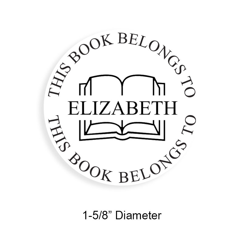 Custom-made 1-5/8" round book stamp. Name through open book design. 6 mount options available. Wood, self-inking and pre-inking. Fast shipping.