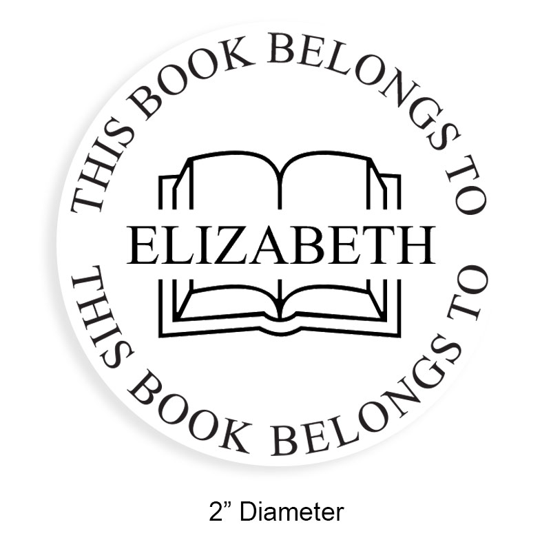 Personalize this 2" round book stamp. Name through open book design. 6 mount options available. Wood, self-inking and pre-inking. Fast shipping.
