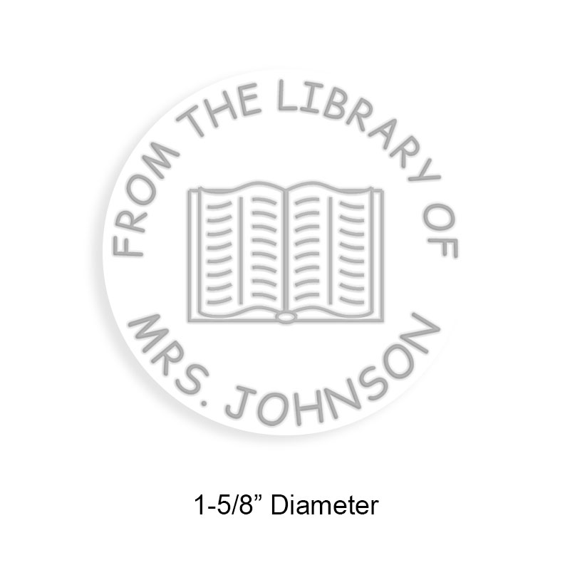 Made-to-order 1-5/8" round book embosser. Open book no border design. 3 mount options available. Desk, gift and pocket. Fast shipping.