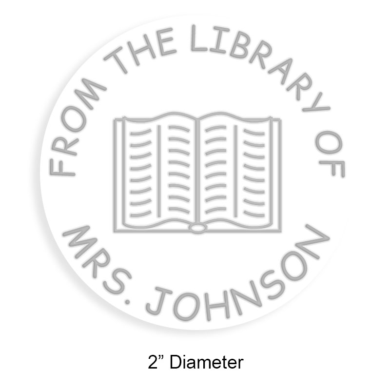 Personalized 2" round book embosser. Open book no border design. 4 mount options available. Desk, gift, pocket and EX long reach. Fast shipping.