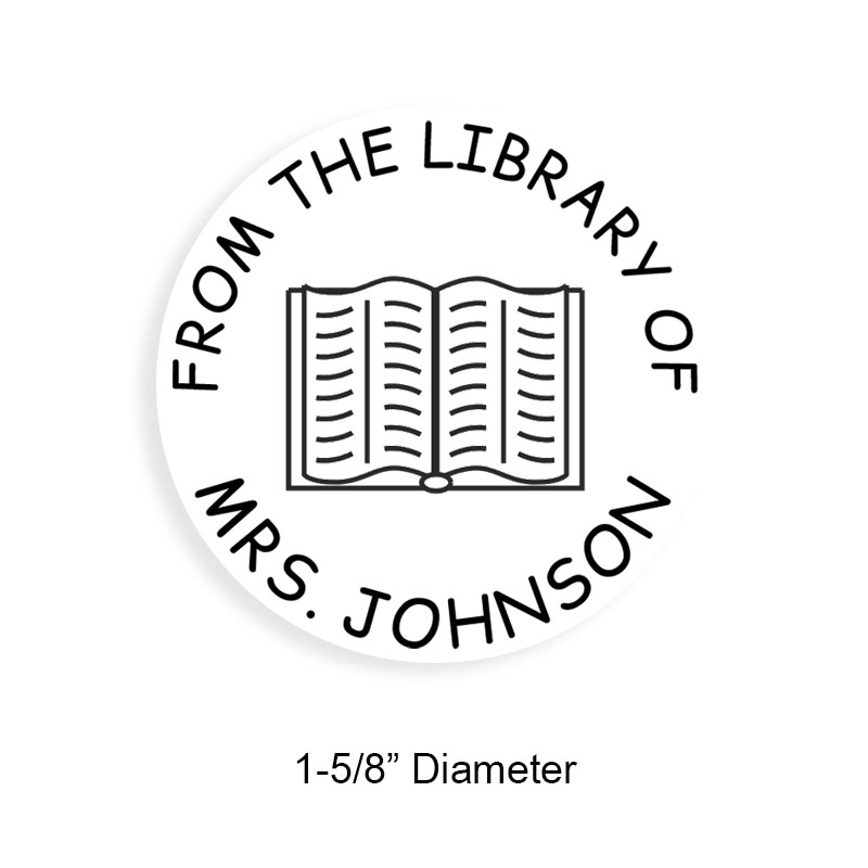 Made-to-order 1-5/8" round book stamp. Open book no border design. 6 mount options available. Wood, self-inking and pre-inking. Fast shipping.