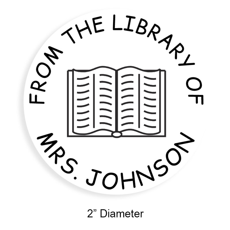 Personalized 2" round book stamp. Open book no border design. 6 mount options available. Wood, self-inking and pre-inking. Fast shipping.