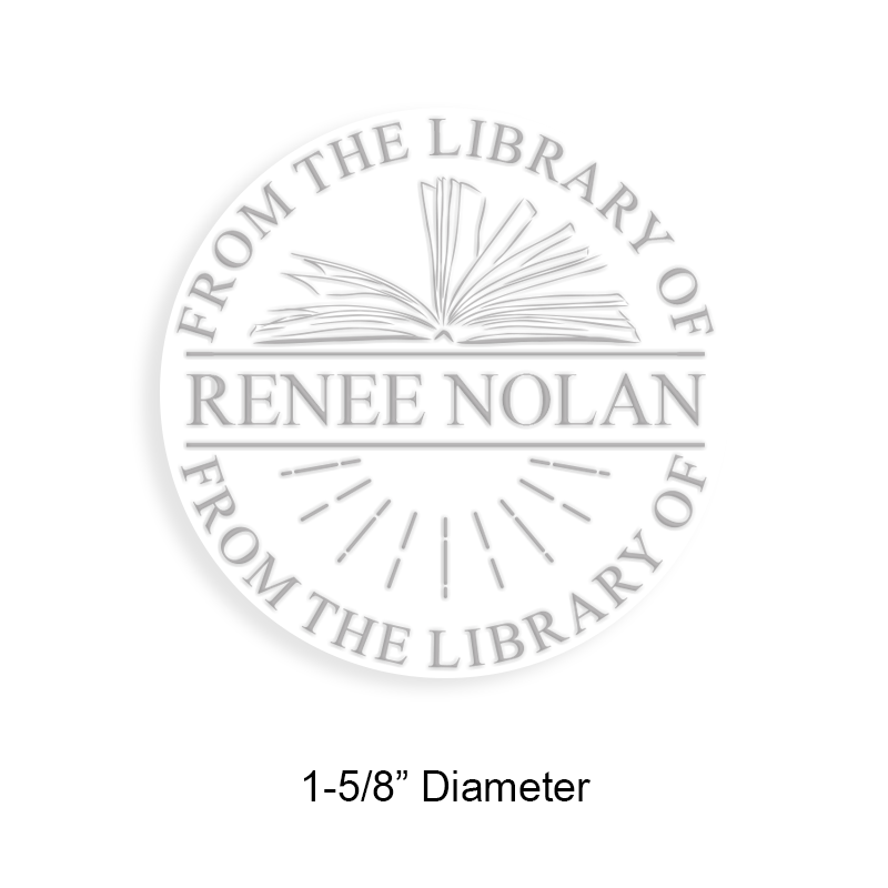 Customizable 1-5/8" round book embosser. Open pages w/ dashed lines design. 3 mount options available. Desk, gift and pocket. Fast shipping.