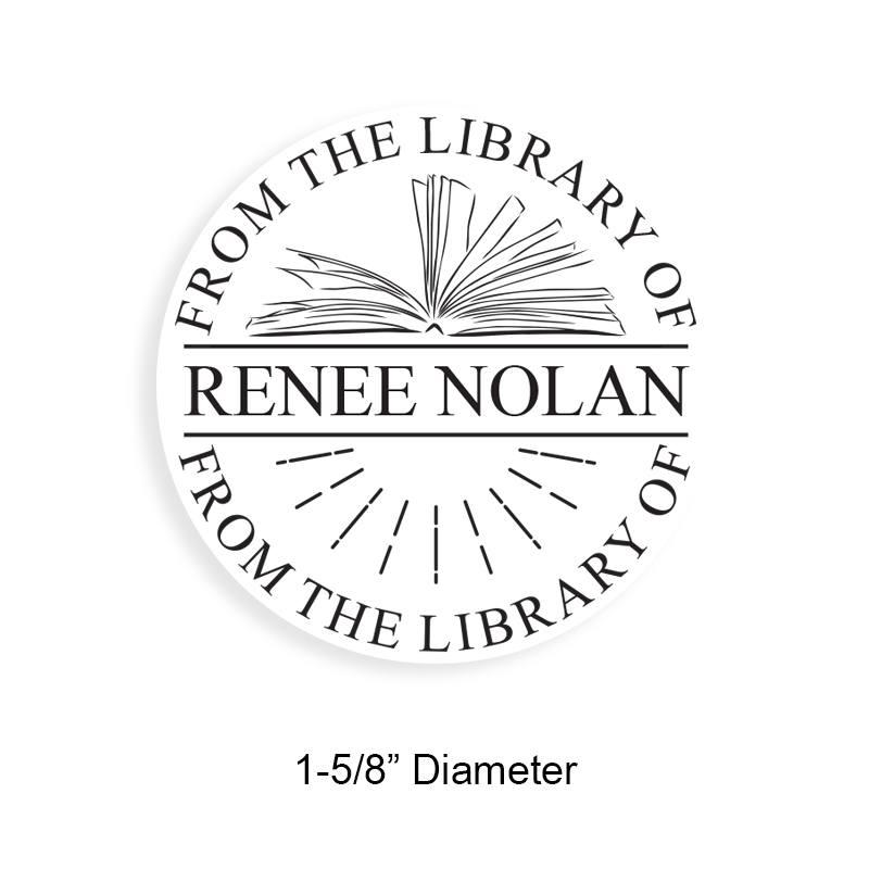 Customizable 1-5/8" round book stamp. Open pages w/ dashed lines design. 6 mount options available. Wood, self-inking and pre-inking. Fast shipping.