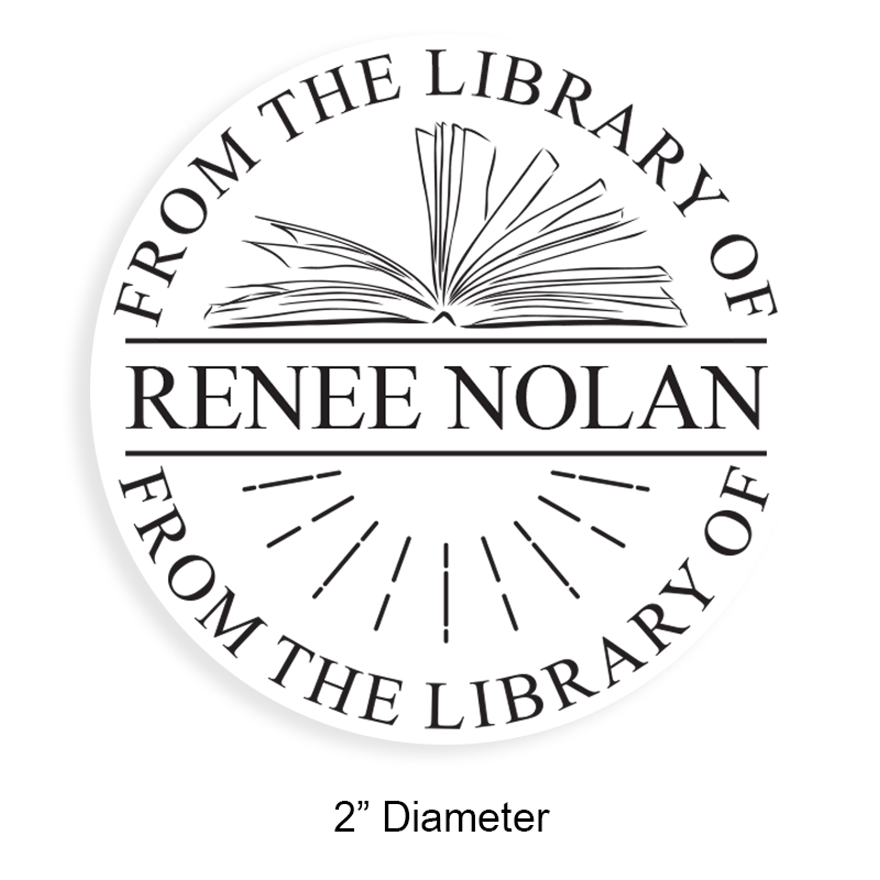Customize this 2" round book stamp. Open pages w/ dashed lines design. 6 mount options available. Wood, self-inking and pre-inking. Fast shipping.
