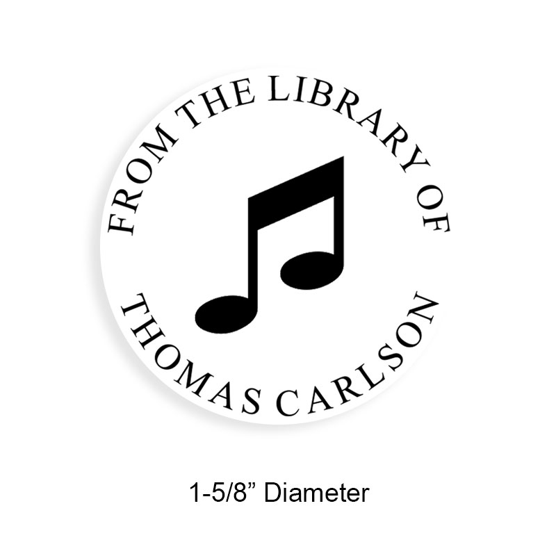 Personalize this 1-5/8" round book stamp. Music note design. 6 mount options available. Wood, self-inking and pre-inking. Fast shipping.