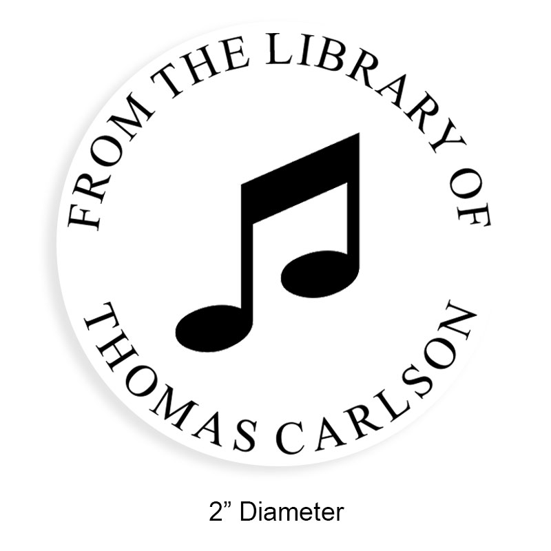 Tailor-made 2" round book stamp. Music note design. 6 mount options available. Wood, self-inking and pre-inking. Fast shipping.