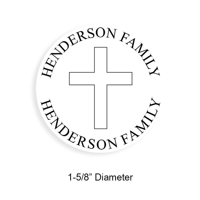 Personalized 1-5/8" round book stamp. Christian cross design. 6 mount options available. Wood, self-inking and pre-inking. Fast shipping.