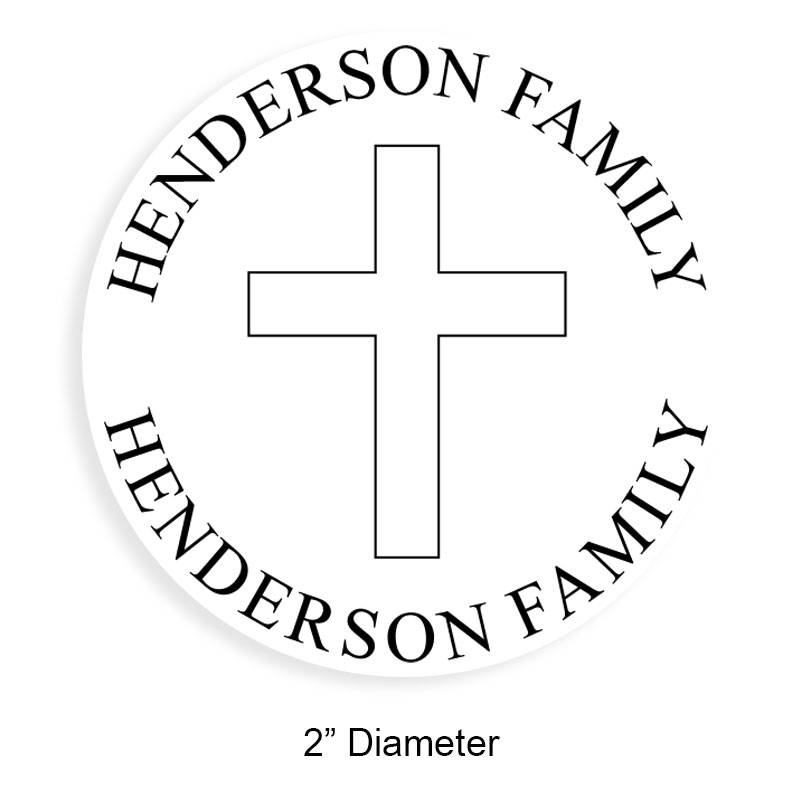 Custom-made 2" round book stamp. Christian cross design. 6 mount options available. Wood, self-inking and pre-inking. Fast shipping.