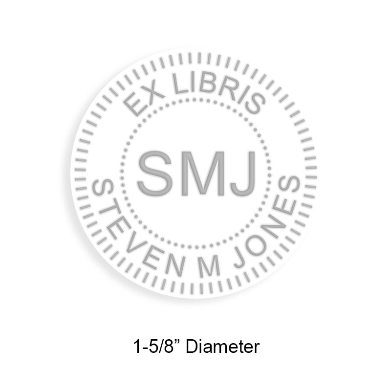 Made-to-order 1-5/8" round book embosser. Knurled border w/ initials design. 3 mount options available. Desk, gift and pocket. Fast shipping.