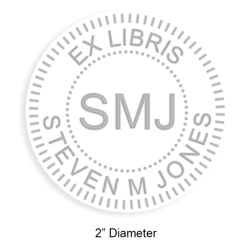 Customize this 2" round book embosser. Knurled border w/ initials design. 4 mount options available. Desk, gift, pocket & EX long reach. Quick ship.