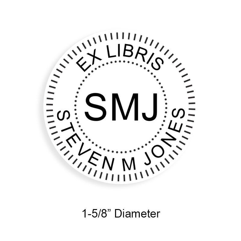 Made-to-order 1-5/8" round book stamp. Knurled border w/ initials design. 6 mount options available. Wood, self-inking and pre-inking. Fast shipping.