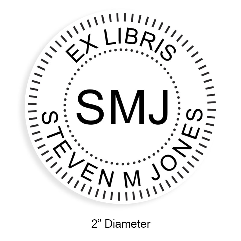 Customize this 2" round book stamp. Knurled border w/ initials design. 6 mount options available. Wood, self-inking and pre-inking. Fast shipping.