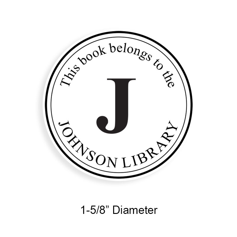 Customizable 1-5/8" round book stamp. Dbl line border w/ initial design. 6 mount options available. Wood, self-inking and pre-inking. Fast shipping.