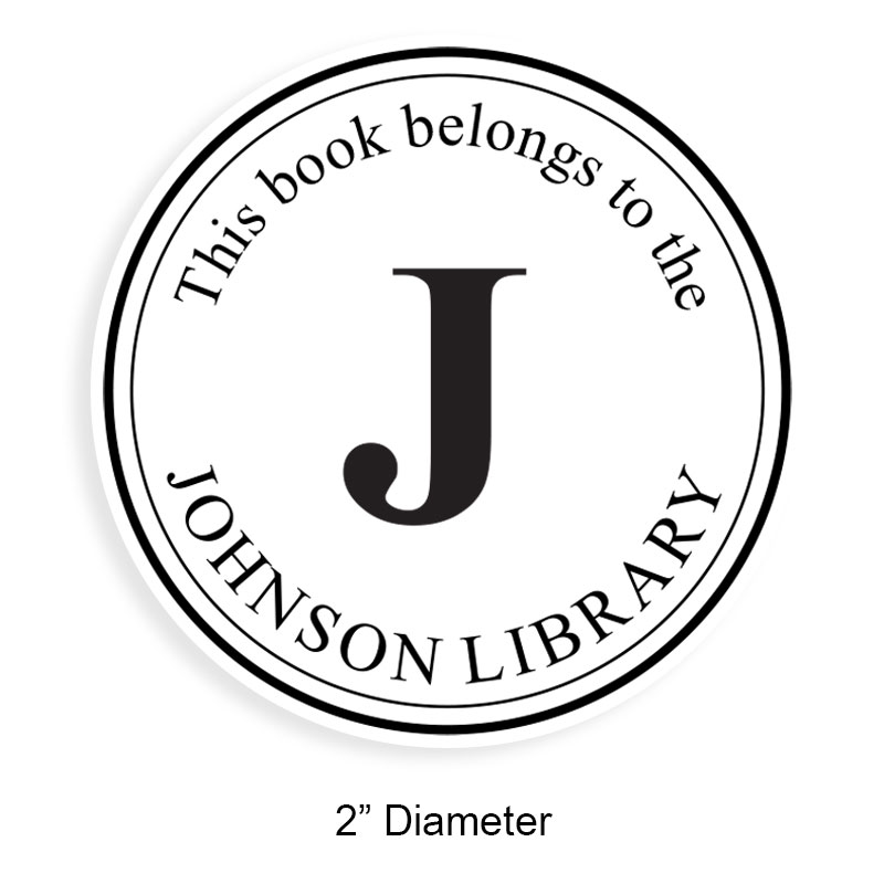 Customize this 2" round book stamp. Dbl line border w/ initial design. 6 mount options available. Wood, self-inking and pre-inking. Fast shipping.