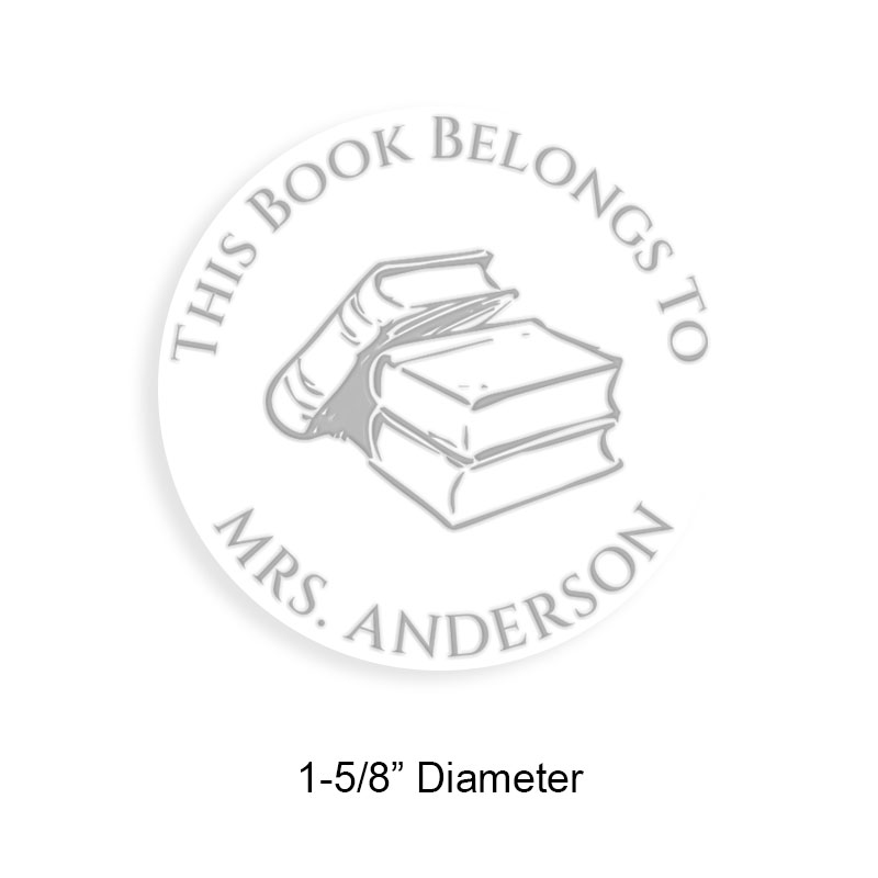 Personalize this 1-5/8" round book embosser. Stacked books design. 3 mount options available. Desk, gift and pocket. Fast shipping.