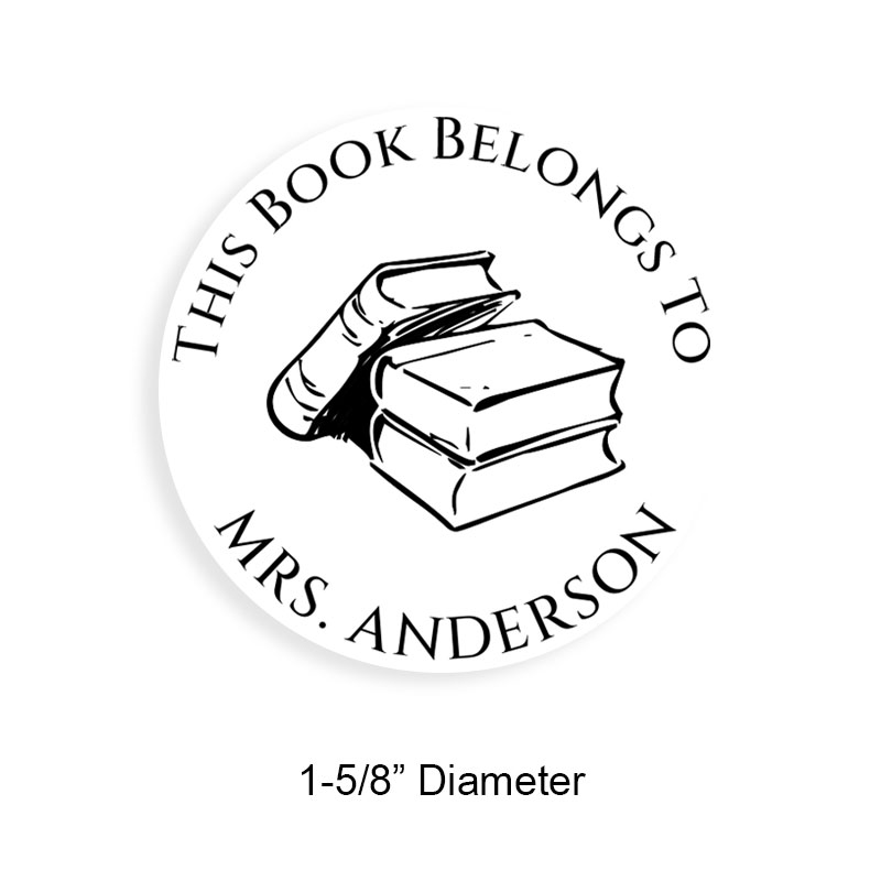 Personalize this 1-5/8" round book stamp. Stacked books design. 6 mount options available. Wood, self-inking and pre-inking. Fast shipping.