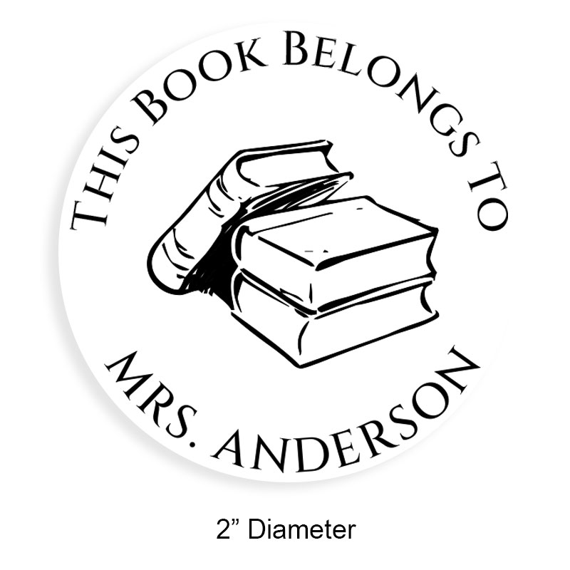 Tailor-made 2" round book stamp. Stacked books design. 6 mount options available. Wood, self-inking and pre-inking. Fast shipping.