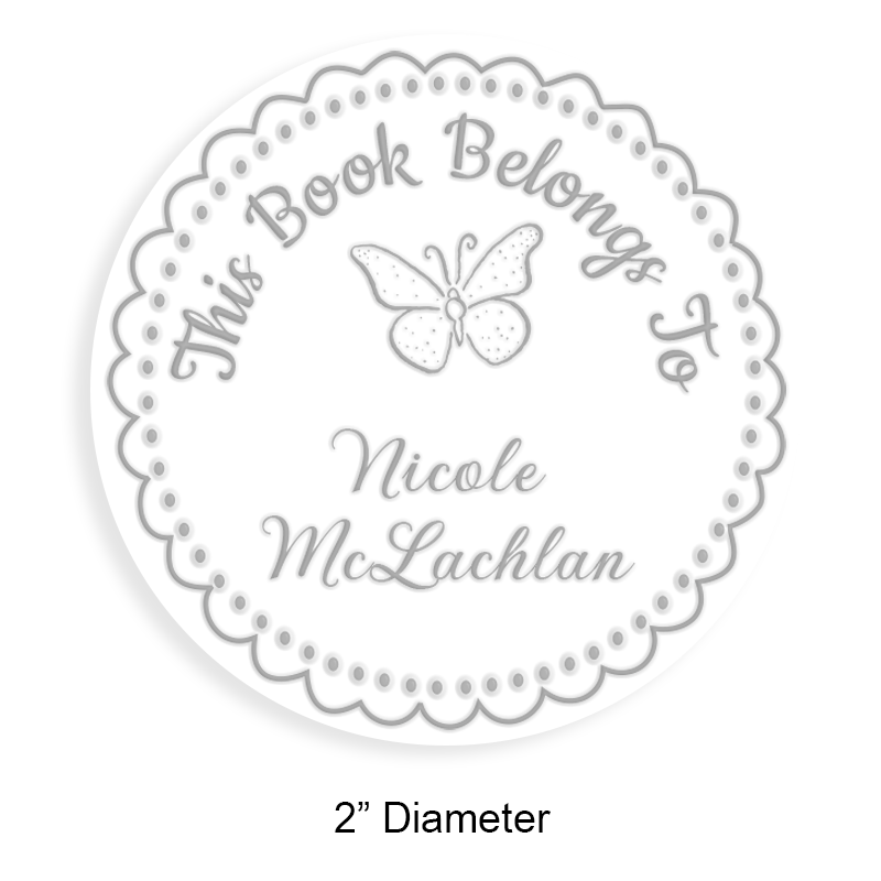 Custom-made 2" round book embosser. Lace butterfly design. 4 mount options available. Desk, gift, pocket and EX long reach. Fast shipping.