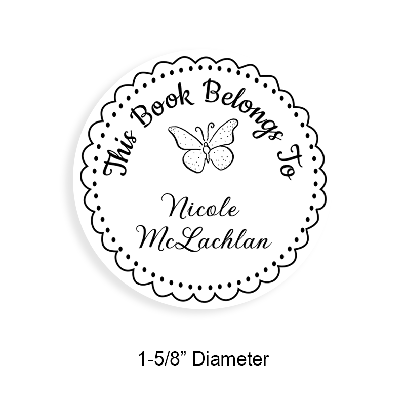 Personalized 1-5/8" round book stamp. Lace butterfly design. 6 mount options available. Wood, self-inking and pre-inking. Fast shipping.