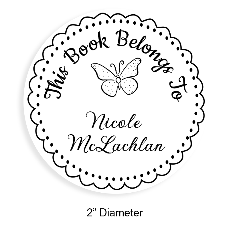 Custom-made 2" round book stamp. Lace butterfly design. 6 mount options available. Wood, self-inking and pre-inking. Fast shipping.