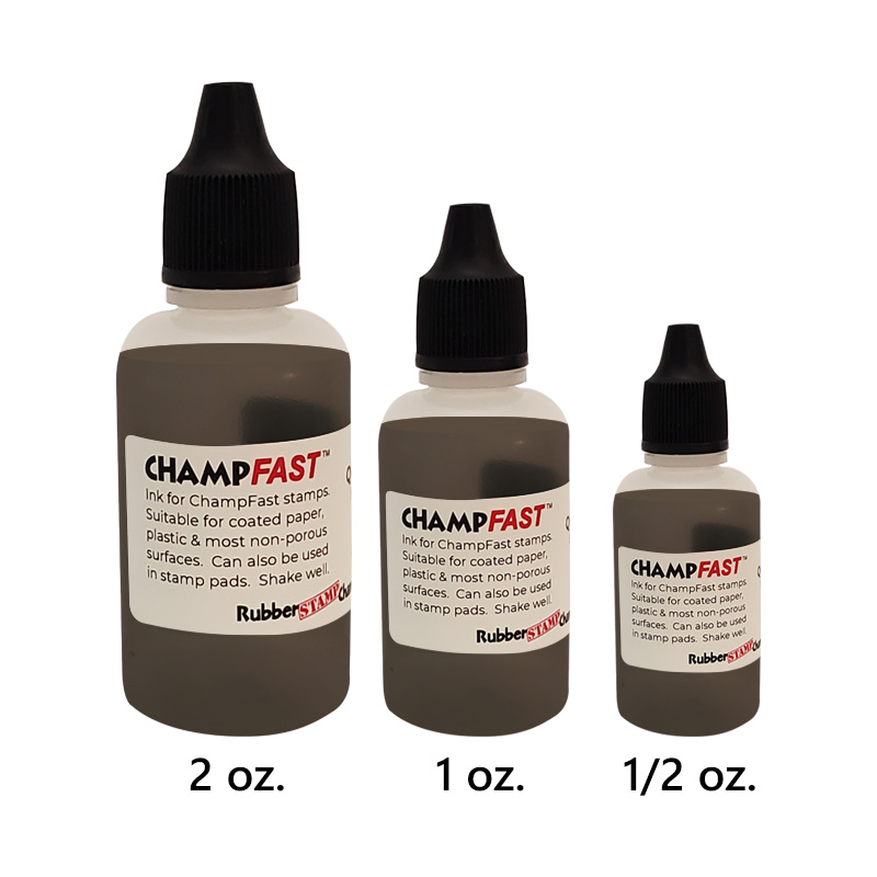 ChampFast stamp quick-dry refill ink. For multi-surface permanent impressions in black, blue or red on non-porous glossy paper, plastics and more. 3 sizes!