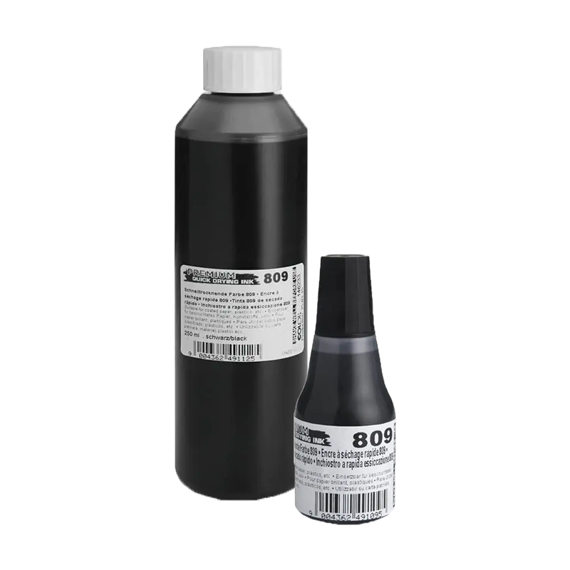 The COLOP multi-surface MS-809 refill ink is ideal for use on non-porous surfaces like glossy paper, plastics & metal. Available in 4 ink colors and 2 bottle sizes!