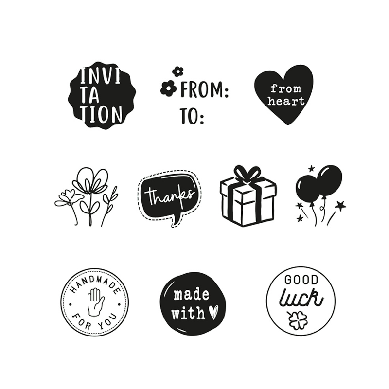 10 interchangeable designs sayings. 5/8" round stamp little NIO English kit. Stamp thousands of impressions. Ink color is fancy grey. Re-ink easily.
