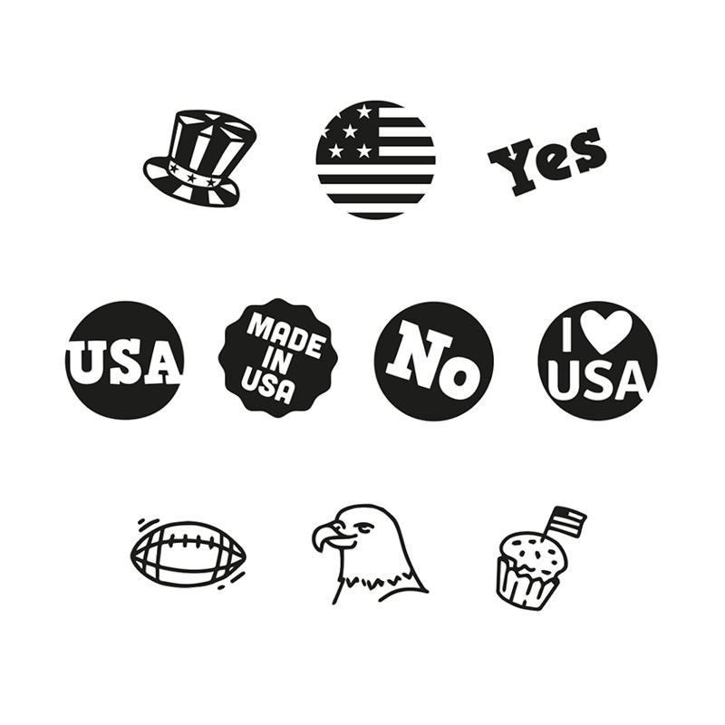 Proud to be an American. 5/8" round stamp little NIO USA kit. 10 interchangeable designs. Create 1,000s of impressions. Ink color is fancy grey. Re-ink easily.