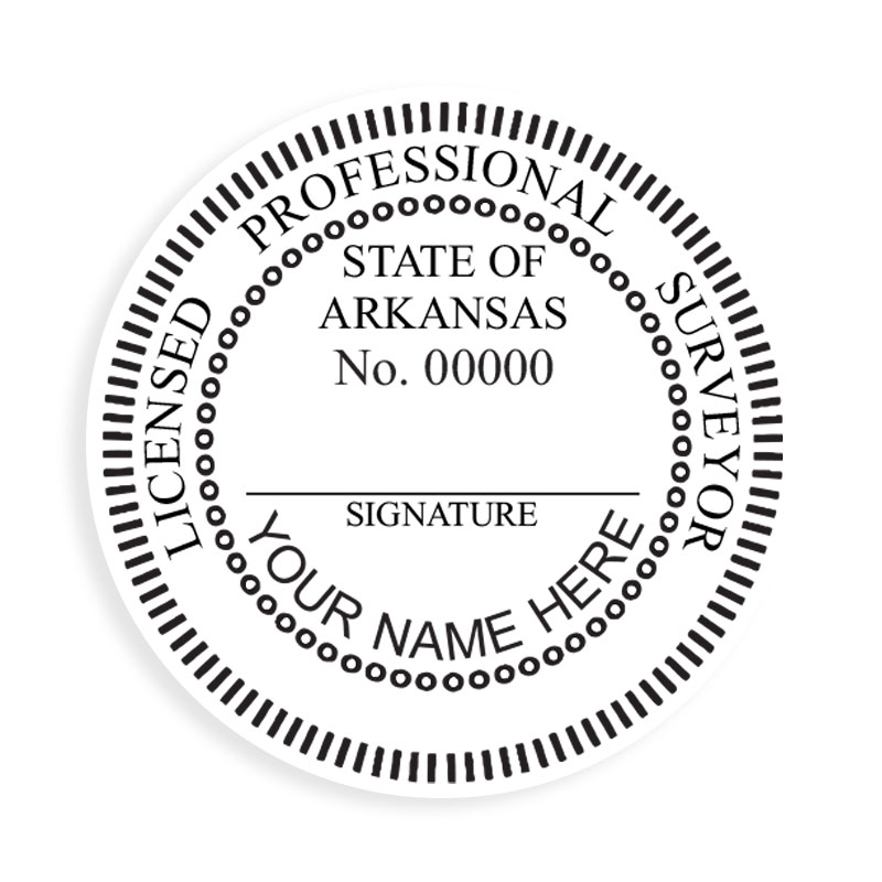 This professional land surveyor stamp for the state of Arkansas adheres to state regulations and provides top quality impressions. Orders over $100 ship free.