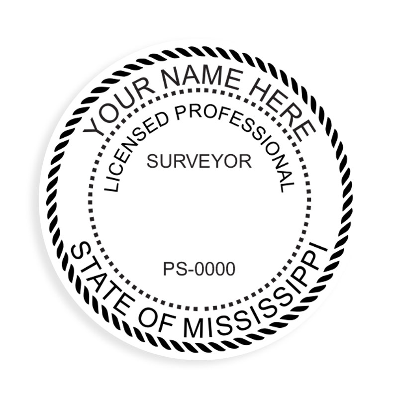 This professional land surveyor stamp for the state of Mississippi adheres to state regulations and provides top quality impressions. Orders over $100 ship free.