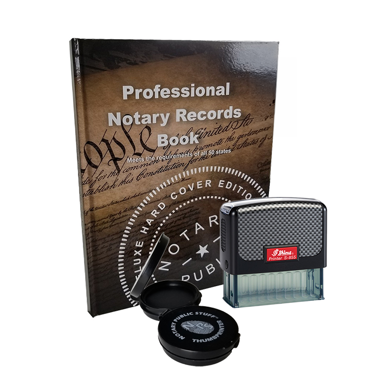 Maine Notary Standard Kit includes rectangle Stamp, record book & thumbprint pad. Upgrades are optional. Fast & free shipping over $100