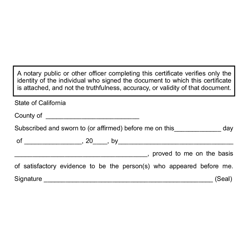 This CA notary public stamp allows for legal execution of a jurat for official documents. Available in black ink only. Orders over $100 ship free!