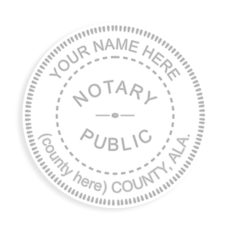 This notary public embosser for the state of Alabama adheres to state regulations and features a custom field for county. Orders over $100 ship free!