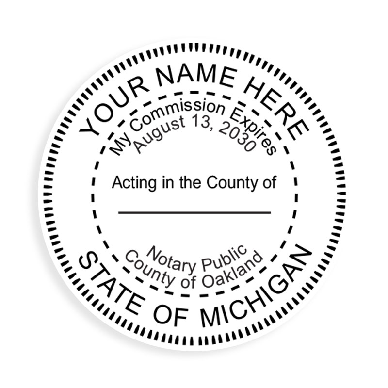 This notary public stamp for the state of Michigan adheres to state regulations and provides top quality impressions. Orders over $100 ship free!