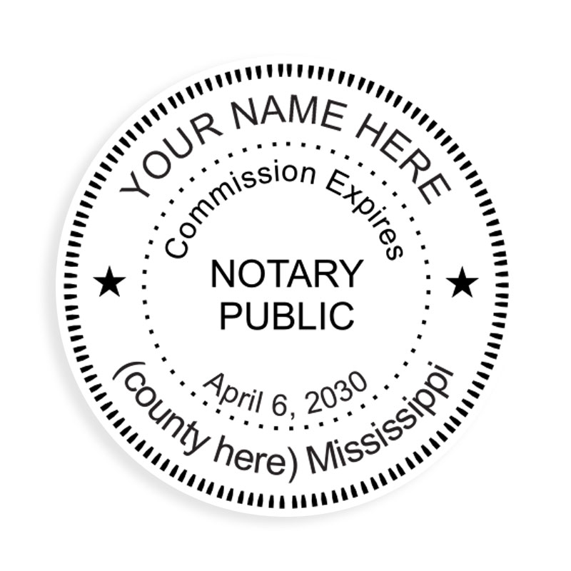This notary public stamp for the state of Mississippi adheres to state regulations and provides top quality impressions. Orders over $100 ship free!