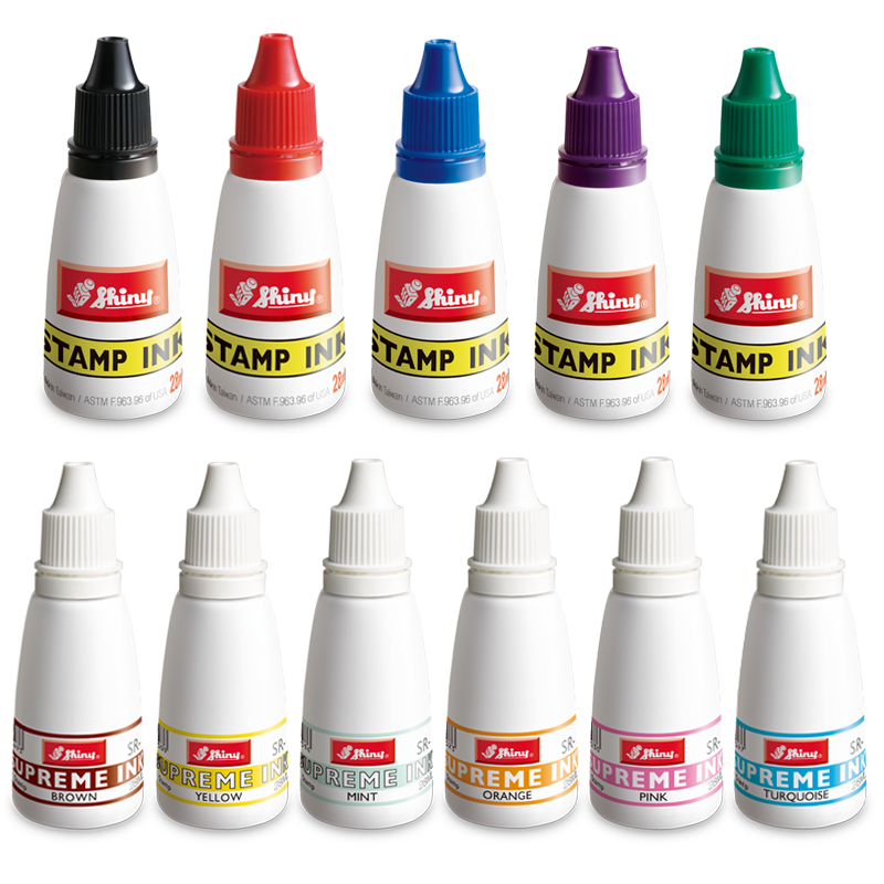 Shiny 1 oz. bottle of Supreme ink works on self-inking stamps or re-inking stamp pads. Water-based ink in 11 colors to choose from. Orders ship fast!